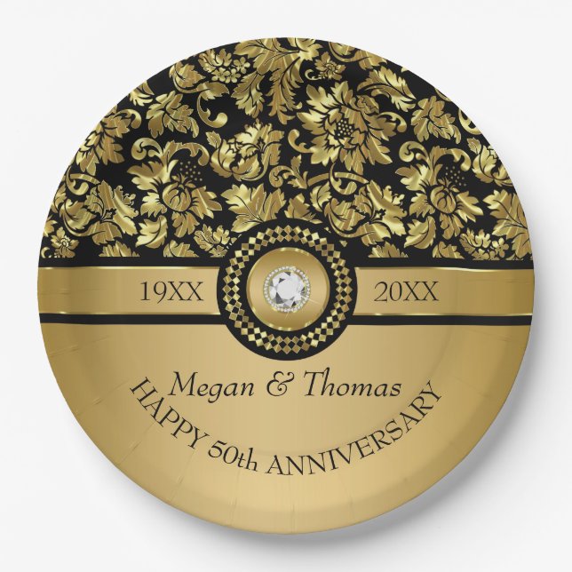 Gold Damask And Diamond- 50th Anniversary Dinner P Paper Plates (Front)