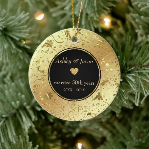 Gold Damask And Heart Ceramic Ornament