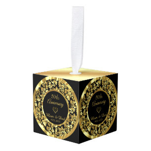 Gold Damask And Heart Cube Ornament