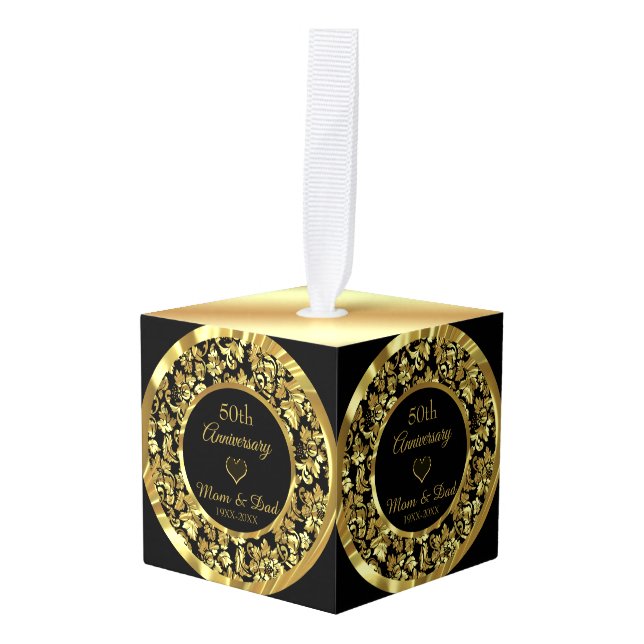 Gold Damask And Heart Cube Ornament (Front Angled)
