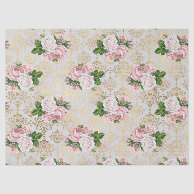Gold Damask and Pink Roses Decoupage Tissue Paper (Front)