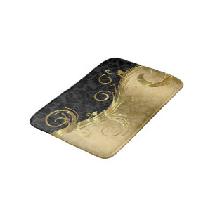 Gold Damask And Swirl And Black Damask Bathroom Mat