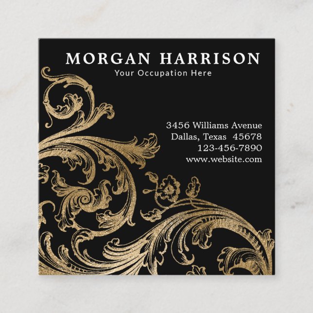 Gold Damask Baroque Swirl Square Business Card (Front)