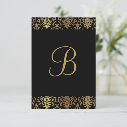 Gold Damask Black Monogram Elegant Chic Thank You Card