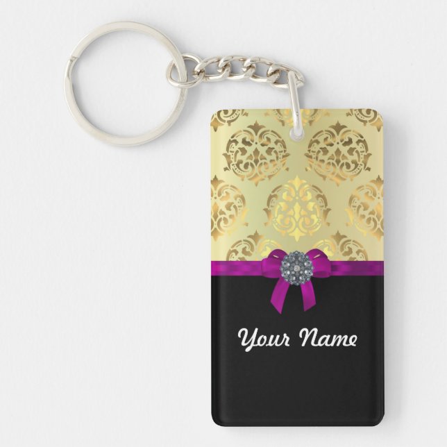 Gold damask & black personalized keychain (Front)