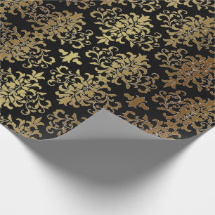 Gold Damask Black Script Elegant Wrapping Paper