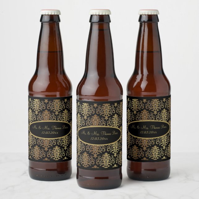 Gold Damask Black Script Wedding Elegant Beer Bottle Label (Bottles)