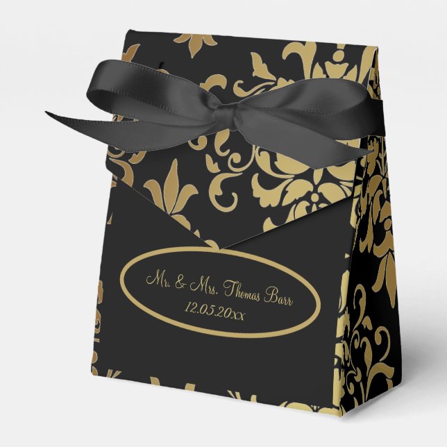 Gold Damask Black Script Wedding Elegant Favor Boxes (Front Side)
