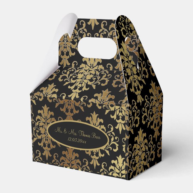 Gold Damask Black Script Wedding Elegant Favor Boxes (Front Side)