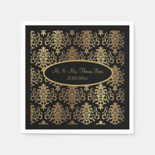 Gold Damask Black Script Wedding Elegant Napkins (Front)