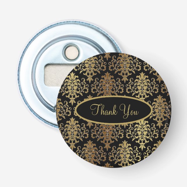 Gold Damask Black Script Wedding Elegant Thank You Bottle Opener (Front)