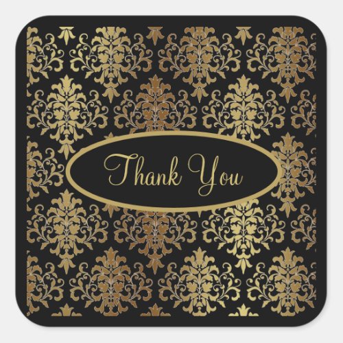 Gold Damask Black Script Wedding Elegant Thank You Square Sticker