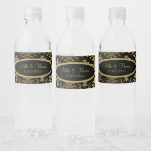 Gold Damask Black Script Wedding Elegant Water Bottle Label