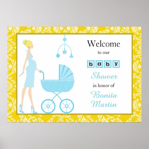 Gold Damask Blond Expecting Boy Baby Shower Poster