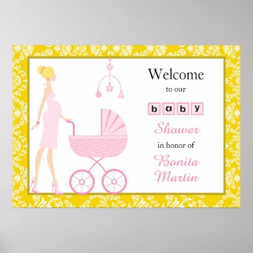 Gold Damask Blond Expecting Girl Baby Shower Poster