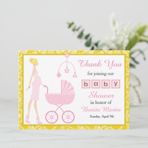 Gold Damask Blonde Woman Baby Shower Thank You Card