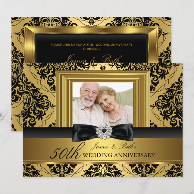 Gold Damask Bow Photo 50th Wedding Anniversary 2 Invitation (Front/Back)