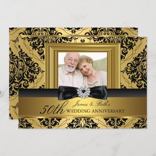 Gold Damask Bow Photo 50th Wedding Anniversary 2 Invitation