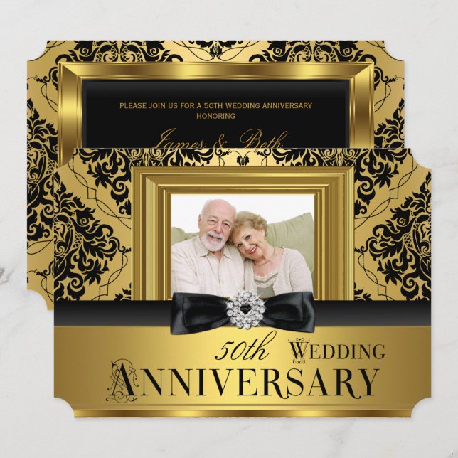 Gold Damask Bow Photo 50th Wedding Anniversary 3 Invitation (Front/Back)