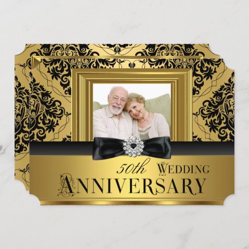 Gold Damask Bow Photo 50th Wedding Anniversary 3 Invitation