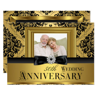 Gold Damask Bow Photo 50th Wedding Anniversary 3 Invitation