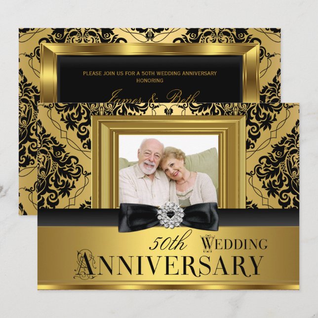 Gold Damask Bow Photo 50th Wedding Anniversary 3 Invitation (Front/Back)