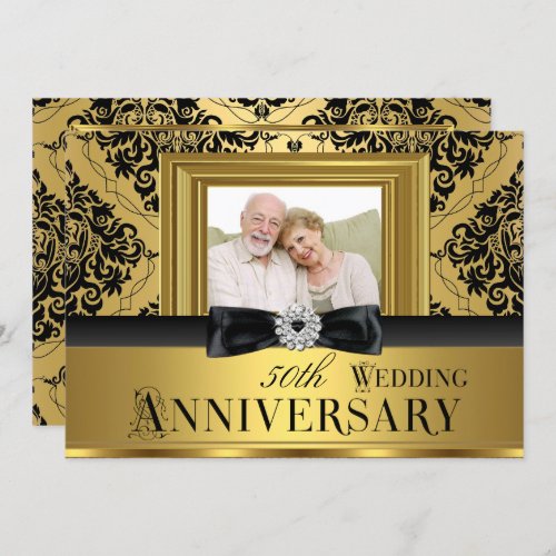 Gold Damask Bow Photo 50th Wedding Anniversary 3 Invitation