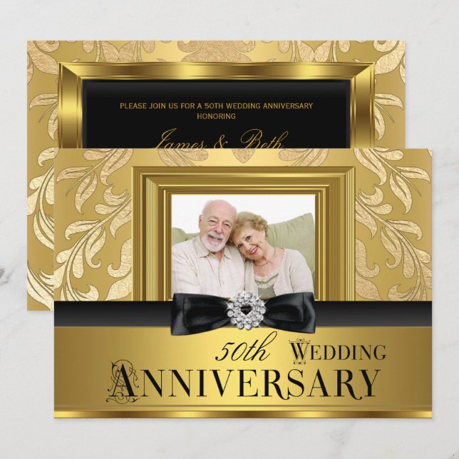 Gold Damask Bow Photo 50th Wedding Anniversary 4 Invitation (Front/Back)