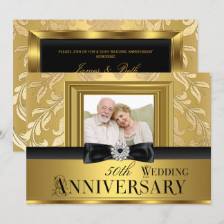 Gold Damask Bow Photo 50th Wedding Anniversary 4 Invitation