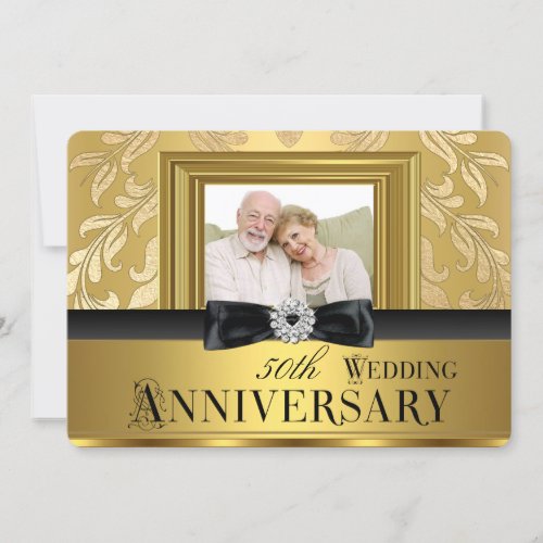 Gold Damask Bow Photo 50th Wedding Anniversary 4 Invitation