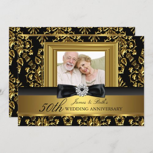 Gold Damask  Bow Photo 50th Wedding Anniversary Invitation