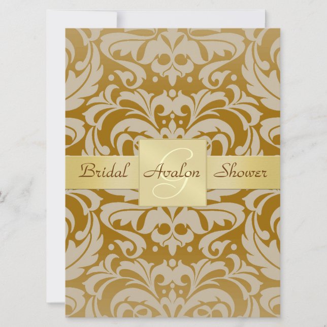 Gold Damask Bridal Shower Monogram Invitation (Front)