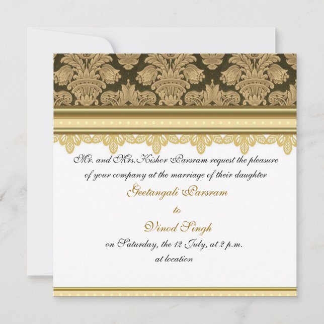 Gold damask brocade Hindu wedding Invitation (Front)