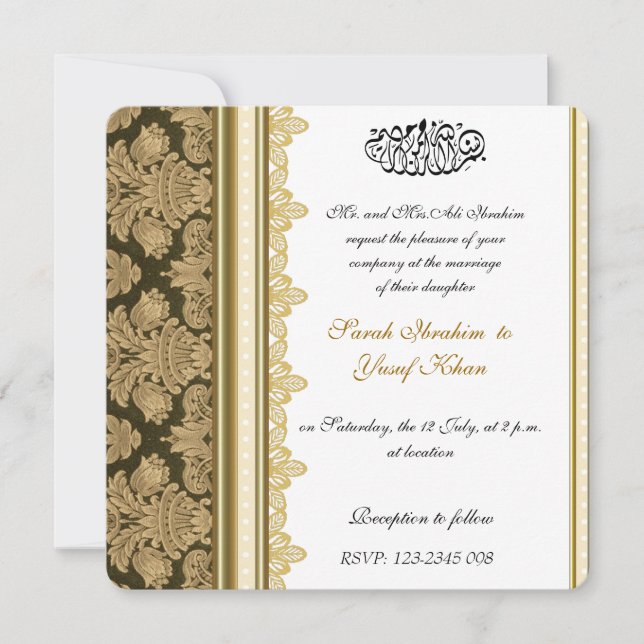Gold Damask Brocade Muslim wedding Invitation (Front)
