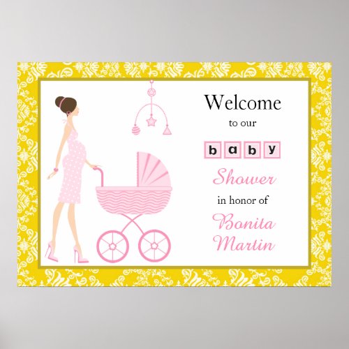 Gold Damask Brunette Expecting Girl Baby Shower Poster