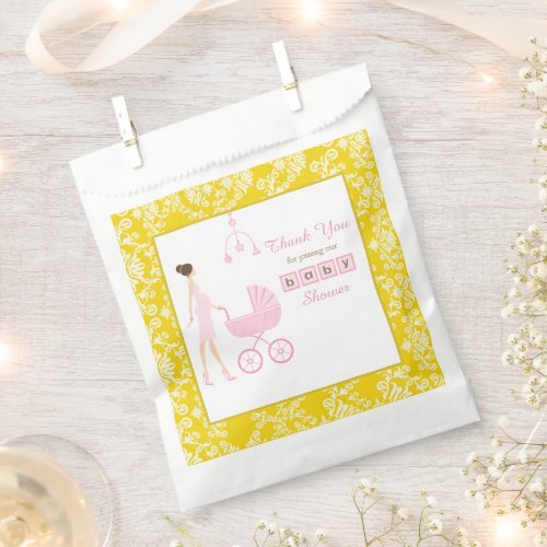 Gold Damask Brunette Woman Baby Shower Favor Bag