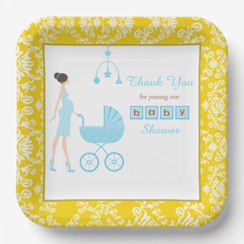 Gold Damask Brunette Woman Baby Shower Napkins Paper Plates