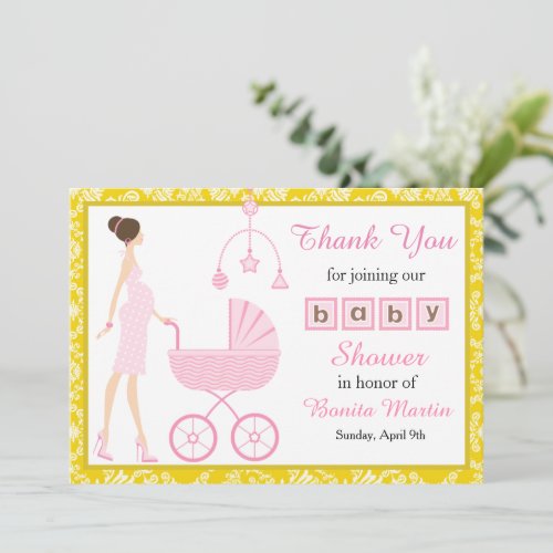 Gold Damask Brunette Woman Baby Shower Thank You Card