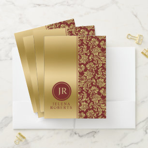 Gold damask burgundy background pocket folder