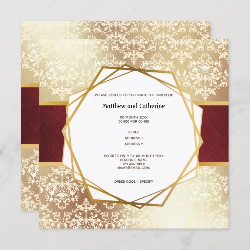 Gold damask Burgundy geometric frame formal party Invitation