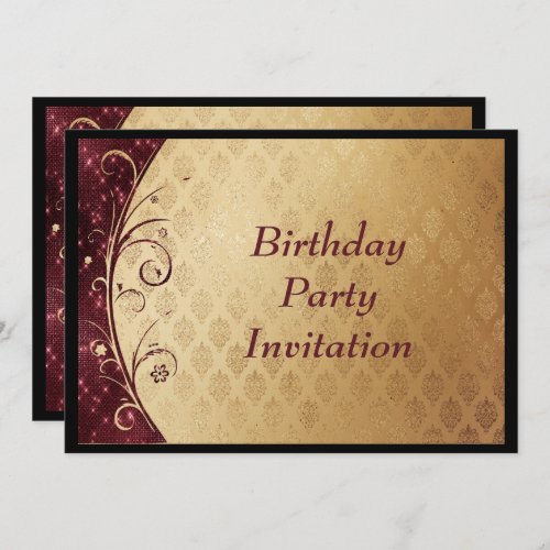 Gold Damask  Burgundy Sparkles Birthday Invitation