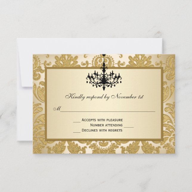 Gold Damask, Chandelier Wedding Reply Card (Front)