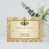 Gold Damask, Chandelier Wedding Reply Card (Standing Front)