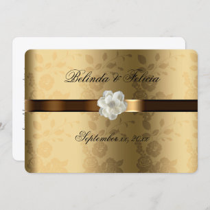 Gold Damask Chocolate Brown Satin White Flower Invitation