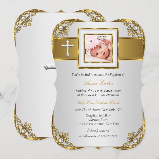 Gold Damask Cross Photo Baptism Christening 2 Invitation (Front/Back)
