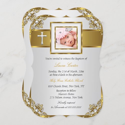 Gold Damask Cross Photo Baptism Christening 2 Invitation