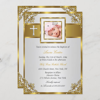 Gold Damask Cross Photo Baptism Christening 2 Invitation