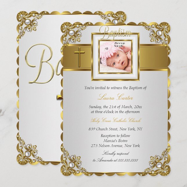 Gold Damask Cross Photo Baptism Christening Invitation (Front/Back)
