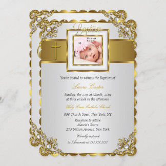 Gold Damask Cross Photo Baptism Christening Invitation