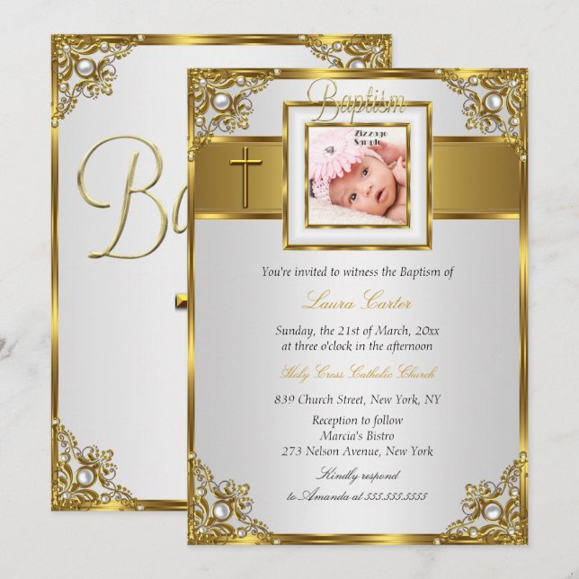 Gold Damask Cross Photo Baptism Christening Invitation (Front/Back)